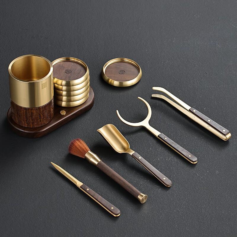 Wooden Tea Ceremony Tools Set With Brass Accents Handcrafted Chinese Style Accessories Gaiwan Kung Fu