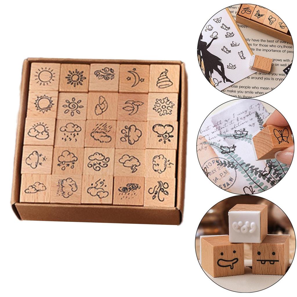 25 Pieces Wood Stamps Crafts DIY Wooden Rubber Stamps for Photo Album Scrapbooking Supplies Painting Journals Happy Planner