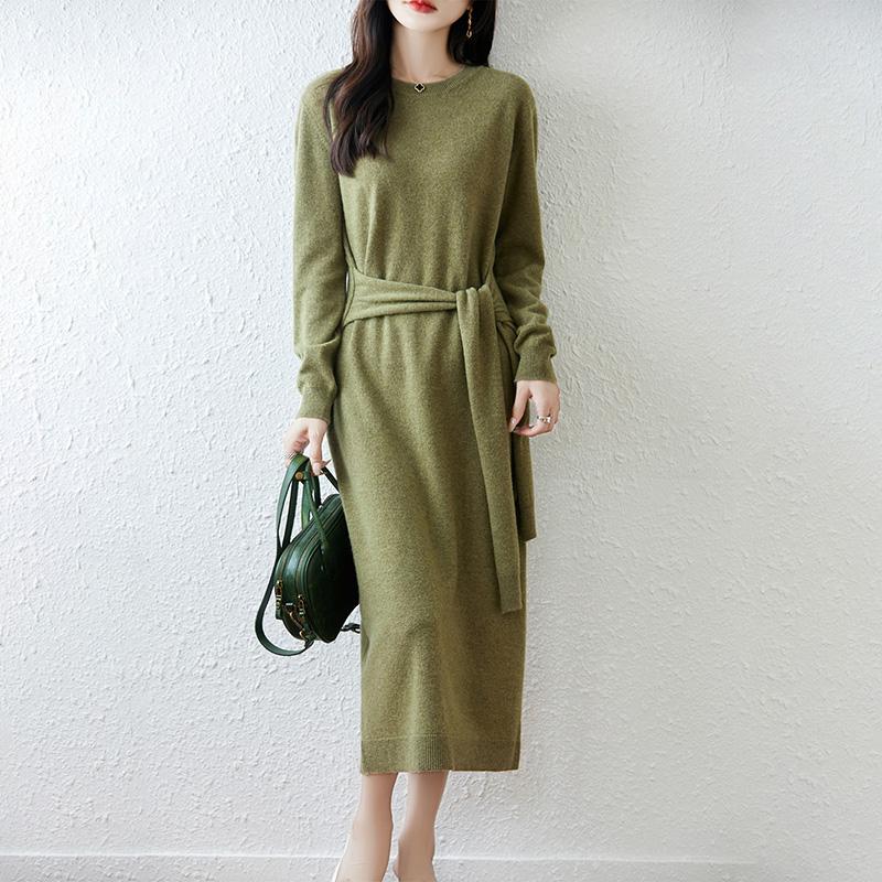 Women Sweater Dress 100% Wool TIDENOVEL O-neck Knit Long Pullover Winter Jumpers Wool Long Dress Female