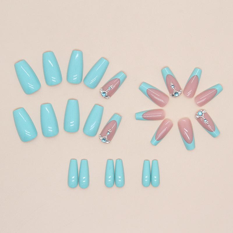 Medium and long lake blue drip diamond manicure, flash solid color fake nails, fashionable and luxurious diamond wearing nail