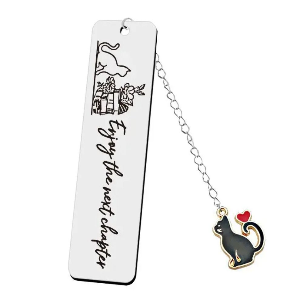 Stainless Steel Metal Bookmark Cat Long Chain Cat Pendant School Supplies Engraved Bookmark