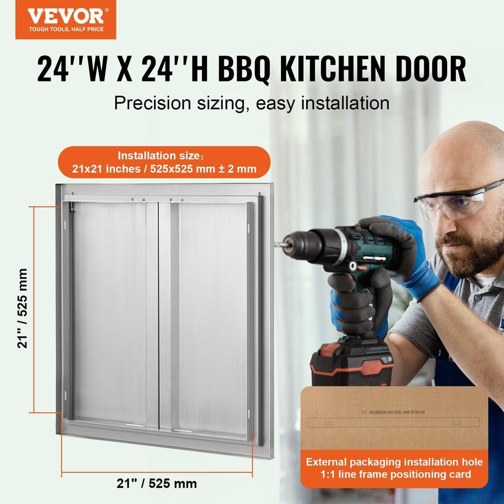 BBQ Access Door, 610x610 mm Double Outdoor Kitchen Door, Stainless Steel Flush Mount Door, Wall Vertical Door with Recessed Handles , for BBQ Island,