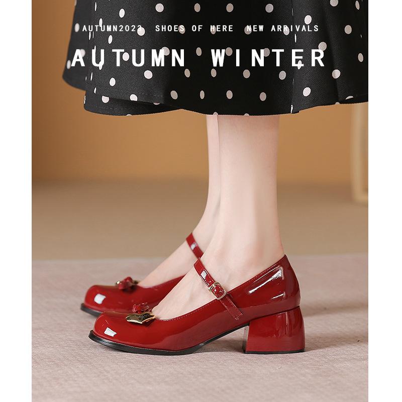 2025 весна новый ретро бант нежный ветер мелкий вырез толстый средний каблук туфли Мэри Джейн кожа дышащие одинарные туфли женские