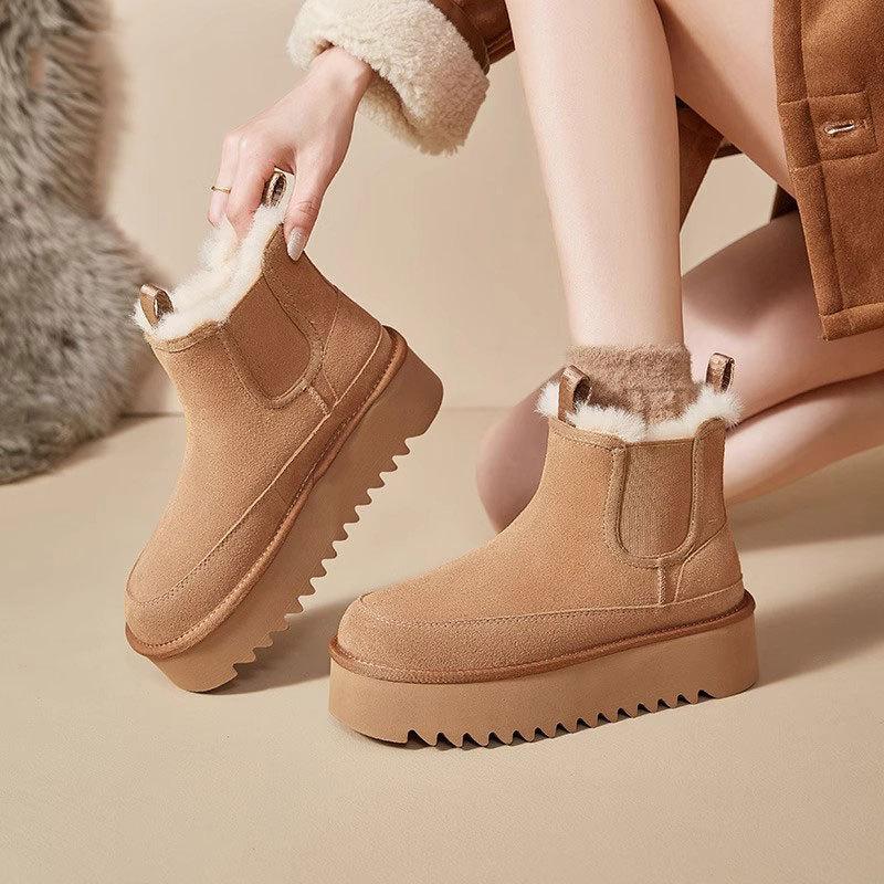 Thick-soled Snow Boots Women's 2024 Winter New Leather Heightened Cowhide Integrated Wool Thickened Warm Cotton Shoes