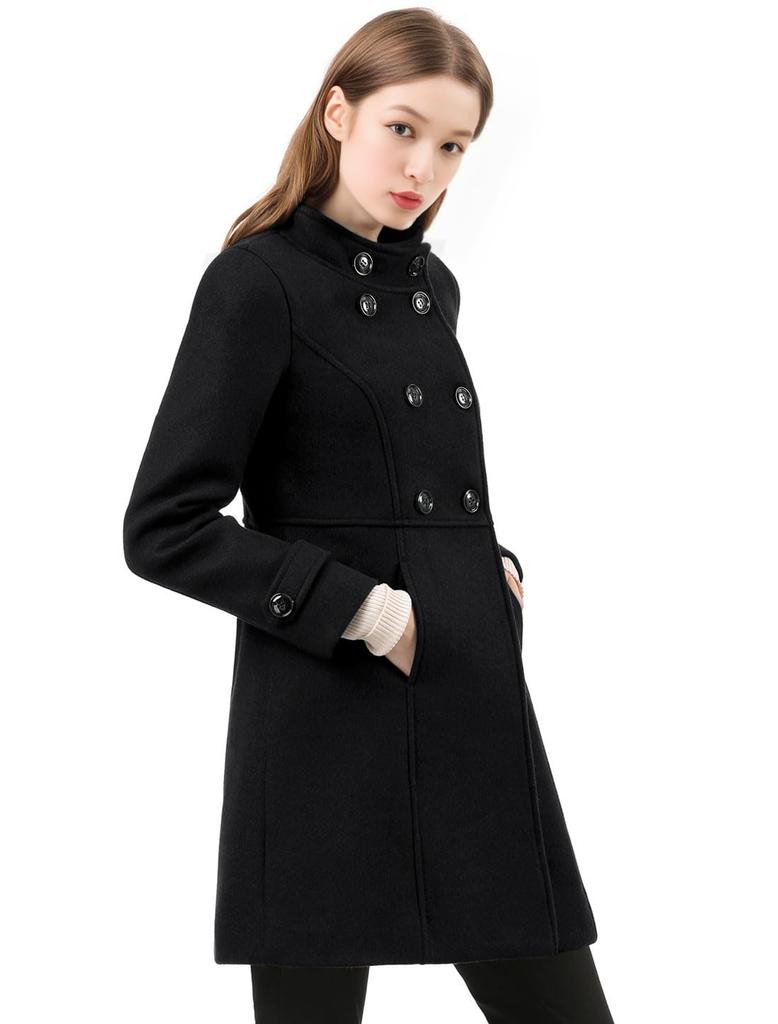 Allegra K Women's Lasha Coat, A-Line, Stand Collar, Double-Breasted, Long Sleeves, Cold Weather, Fall/Winter, Black, Size M