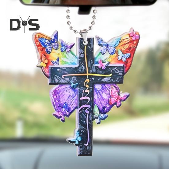 Butterfly Jesus Cross Hanging Ornament Moon American Flag Pendant Car Interior Decor for Auto Rear View Mirror Accessories Christmas Tree Charm