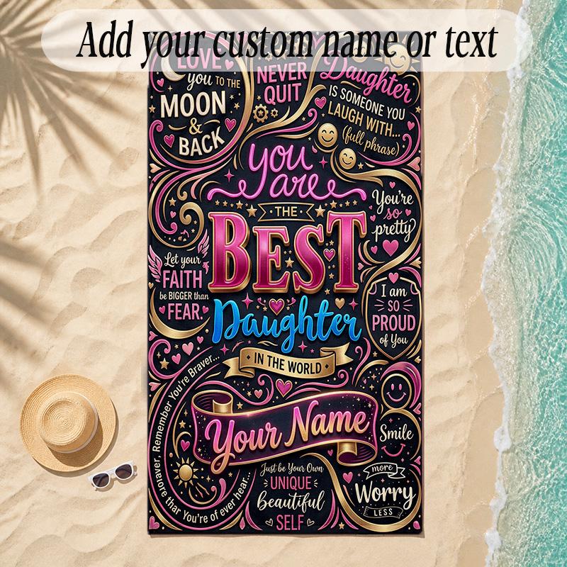 Hearts Theme Soft Beach Towel Personalized Custom Name Text Towel Portable for Beach Pool Travel