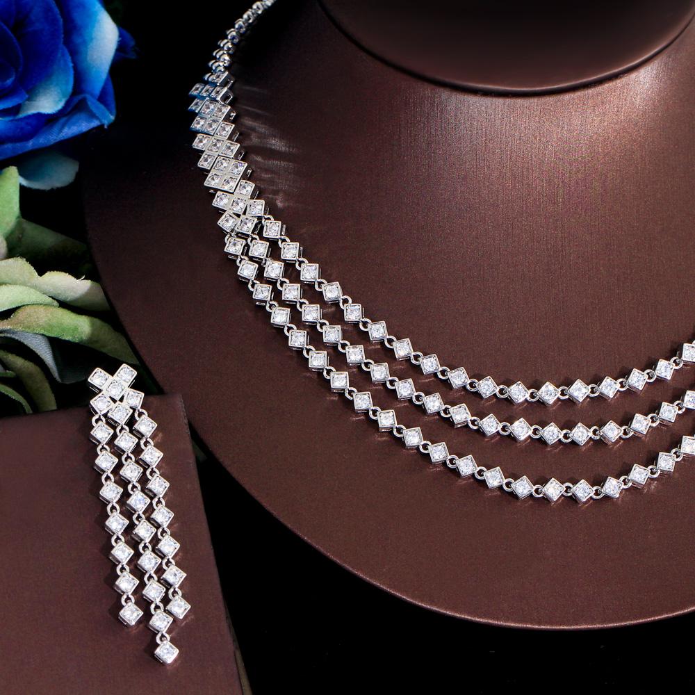 CMM Bling Белый Цирконий Серебристого Цвета 3-слойное Свадебное Платье, Ожерелье и Серьги, Комплекты Ювелирных Изделий