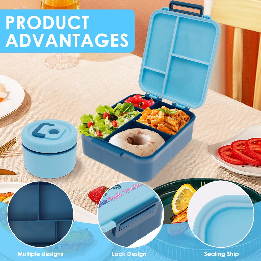 Stainless Steel Four Compartment Lunch Box Outdoor Lunch Box with Soup Bowl Knife and Fork Suitable for Children and Students