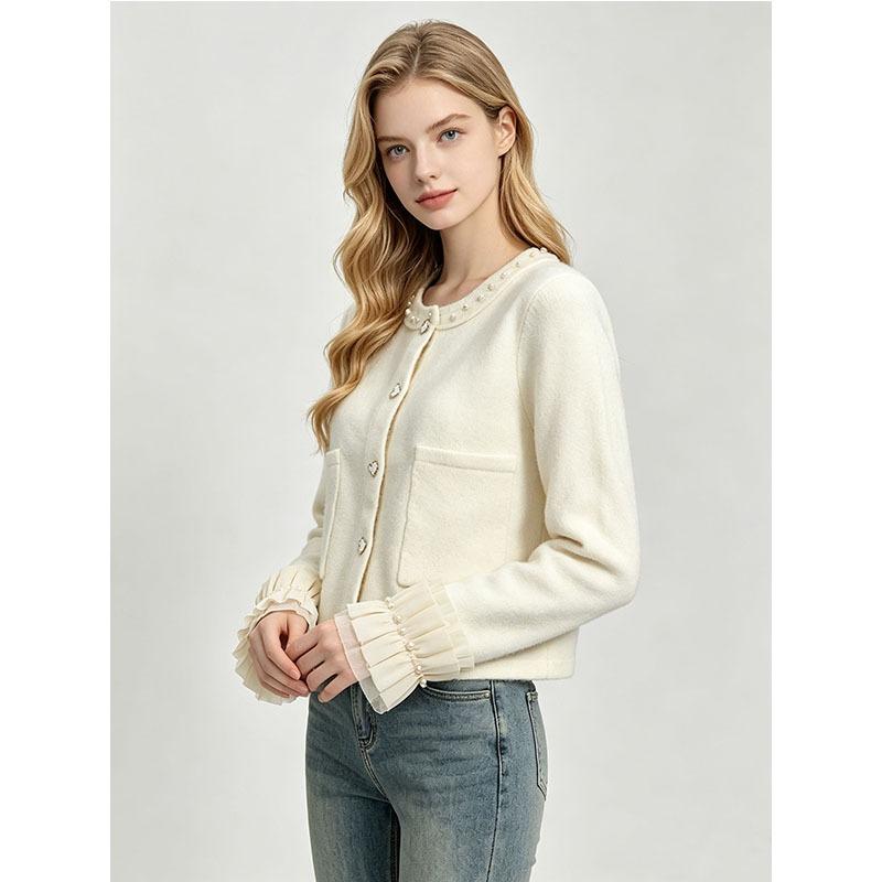 Women S Long Sleeve Knit Cardigan Ruffle Cuffs Beaded Buttons Short Style