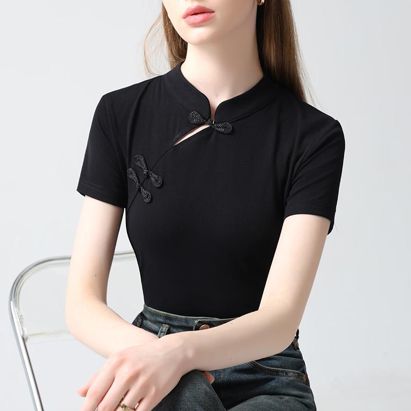 Новый китайский стиль с наклонной планкой и воротником-стойкой, новая женская одежда, футболка с короткими рукавами и воротником-стойкой в китайском стиле для женщин