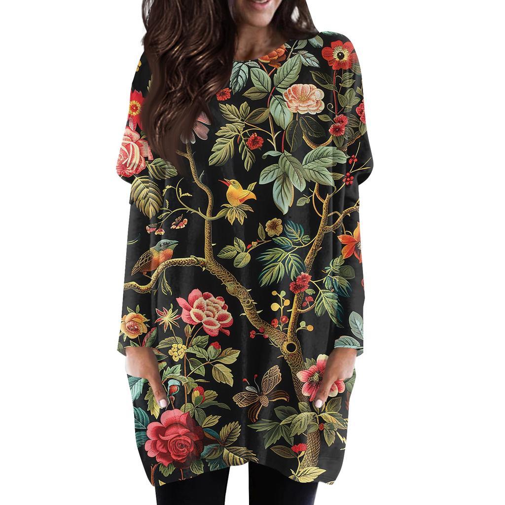 Women's Fashion Casual Long Sleeve Print Round Neck Double Pocket T-Shirt Top