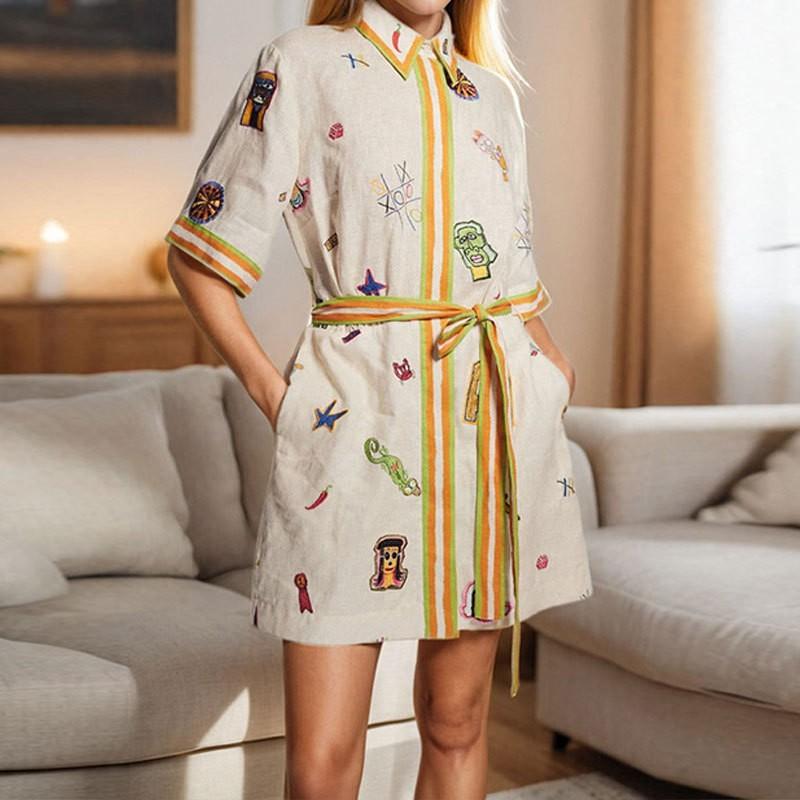 2026 Womens Printed Wrap Tie Neck A-Line Mini Dress High Waist Short Sleeve Elegant Office Casual