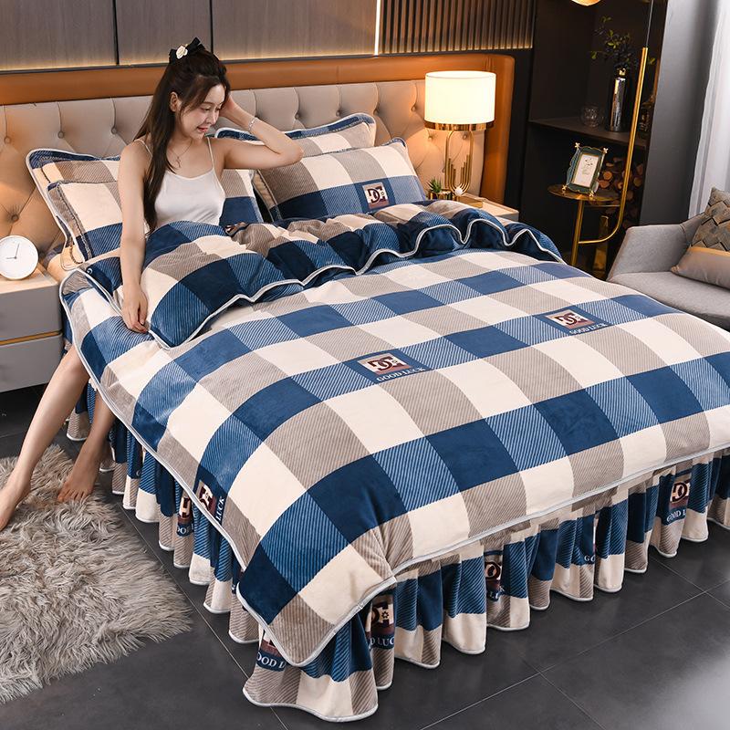 Утолщенный Молочный Флис Четырехпредметный Пододеяльник из Кораллового Флиса, Флисовая Простыня, Двустороннее Флисовое Фланелевое Постельное Белье, Юбка для Кровати