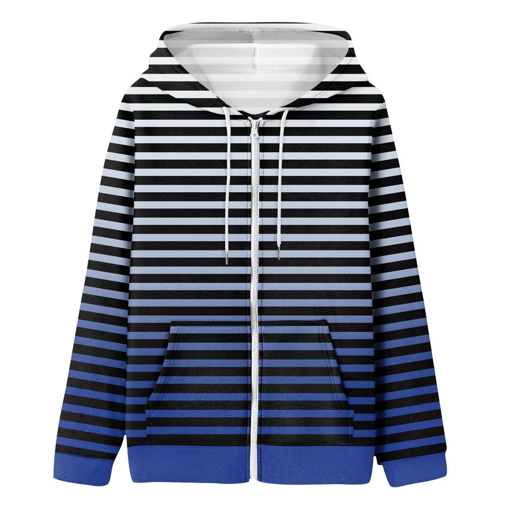 Женская толстовка с длинными рукавами и полосатым принтом, куртка с длинными рукавами и карманами, на молнии, пальто с капюшоном