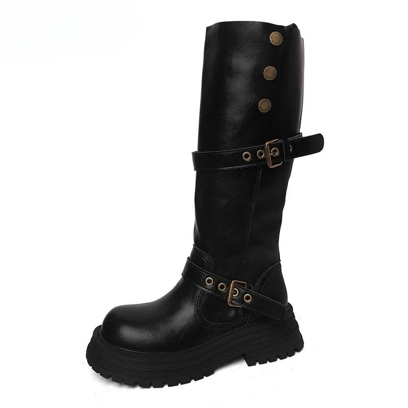 Зимние ботфорты на платформе для женщин, модные ботильоны с ремешком и пряжкой, винтажные ботильоны на низком квадратном каблуке, женская обувь
