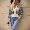 Women's Short Knitted Cardigan Autumn Winter Houndstooth Jacquard Loose V-neck Lantern Sleeve Knitted Sweater Coats for Women