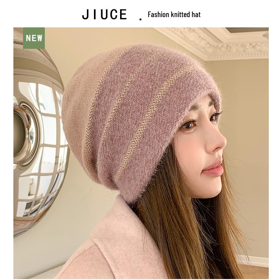 Korean Colorblock Rabbit Fur Fleece-Lined Beanie with Ear Protection – Elegant Women's Knit Hat for Cold Weather