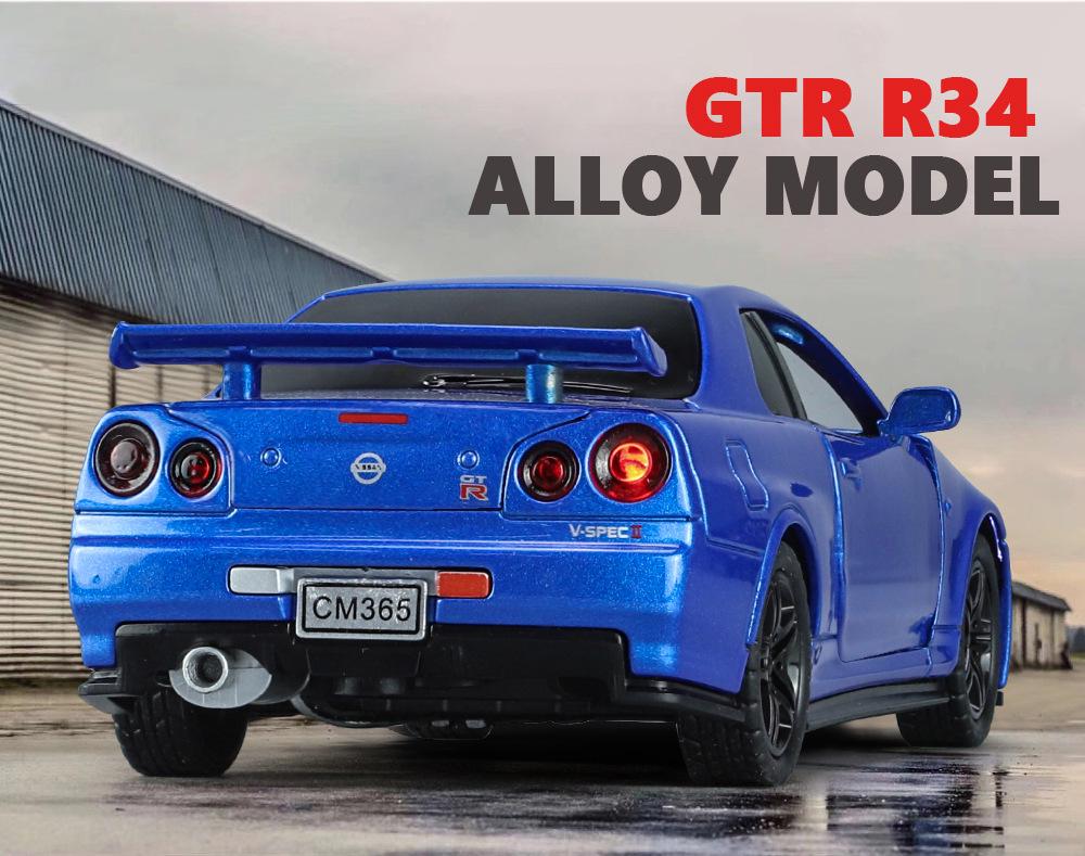 1:32 GTR R34 Low-Rider Sports Car Model with Opening Doors, Four-Wheel Suspension, Alloy Build, Sound and Light, Pull-Back Simulation