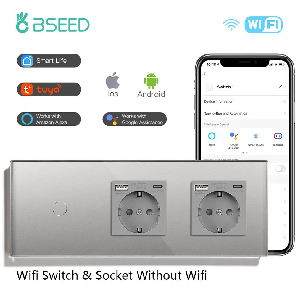 BSEED Wifi 1/2/3-клавишные сенсорные выключатели 1/2/3-ходовые Настенный выключатель света Tuya Smart Life Управление с EU розеткой USB Электрическая розетка