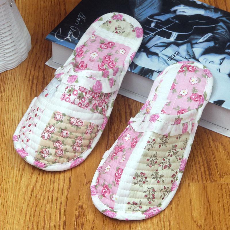 Пасторальные женские стеганые хлопковые тапочки: Мягкие, Бесшумные, Дышащие, С закрытым носком, Тонкая подошва