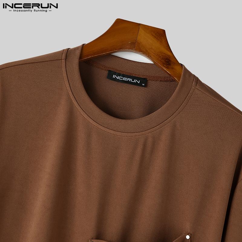 INCERUN Мужская дизайнерская простая однотонная футболка с короткими рукавами и большим карманом