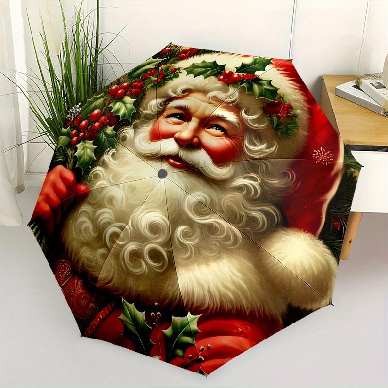 Santa Claus, Christmas Theme 8 Bone Hand Automatic Folding Umbrella, Compact and Portable Design, A Perfect Gift for Birthday, Christmas or