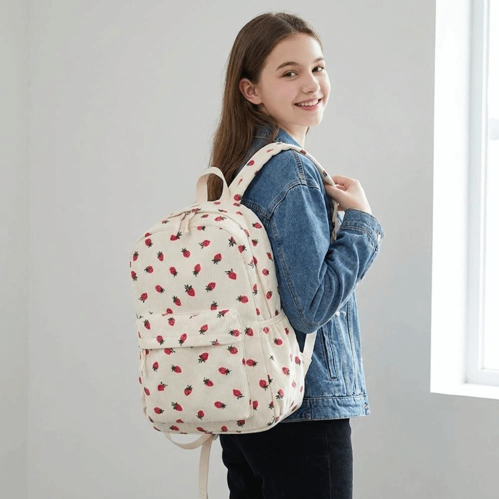 Lightweight Students School Bag Strawberry Students Daypack Storage Bag Corduroy Backpack Travel