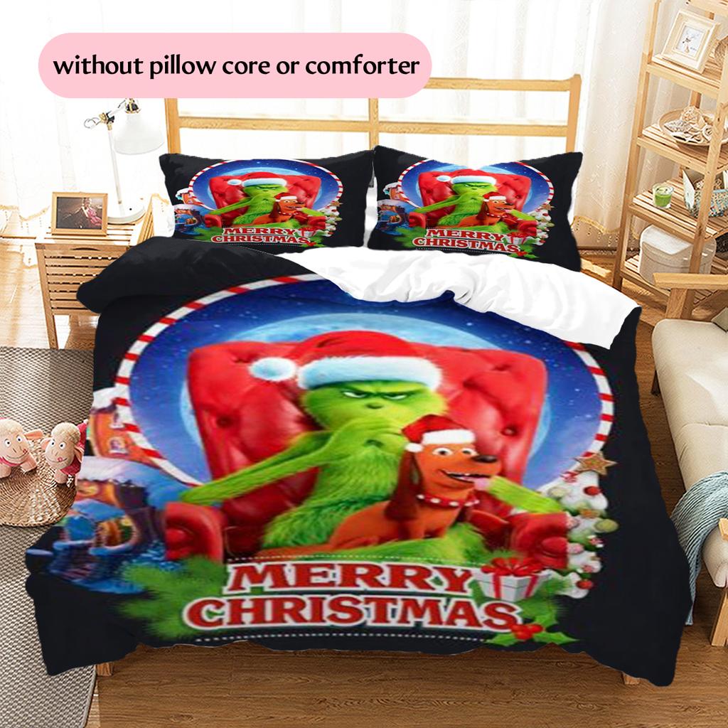 1PC Grinch pattern Bedding Quilt Set Quilt Cover Pillowcase Home Decoration Birthday Gift (1 * duvet cover + 2 * pillowcase, without core)