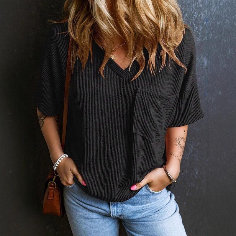 Плюс Размер Женский Летний Новый Повседневный Однотонный Пуловер С V-образным Вырезом Топ с Коротким Рукавом