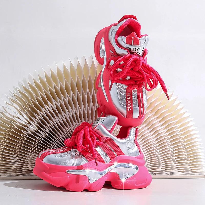 Модные осенние кроссовки на массивной подошве 8,5 см для женщин 2025, спортивные лоскутные кожаные туфли на высокой платформе, женские кроссовки на шнуровке с толстой подошвой, кроссовки "папины"