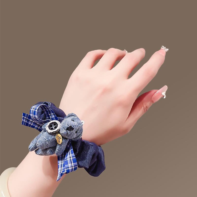 Женская синяя джинсовая повязка-ободок с головой медведя и бантом - Новая девичья резинка в школьном стиле - Высококачественная повязка-ободок