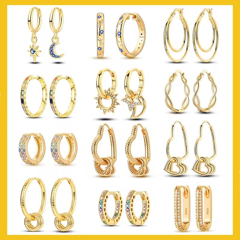 Yellow Gold Starlight Hoop Earrings For Girl Sparkling Classic Snakebone Multi-loop Earrings Star Moon 925 Silver Women Earring