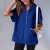 Summer Women Hoodie Half Zipper Short Sleeves Solid Color Pullover Loose with Pocket Casual