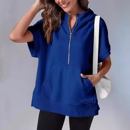 Summer Women Hoodie Half Zipper Short Sleeves Solid Color Pullover Loose with Pocket Casual