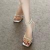 Female Shoes Ankle-wrap Women's Sandals Plus Size Party Sandals Women Crystal Square Toe Thin Heel Buckle Strap Shoes Women