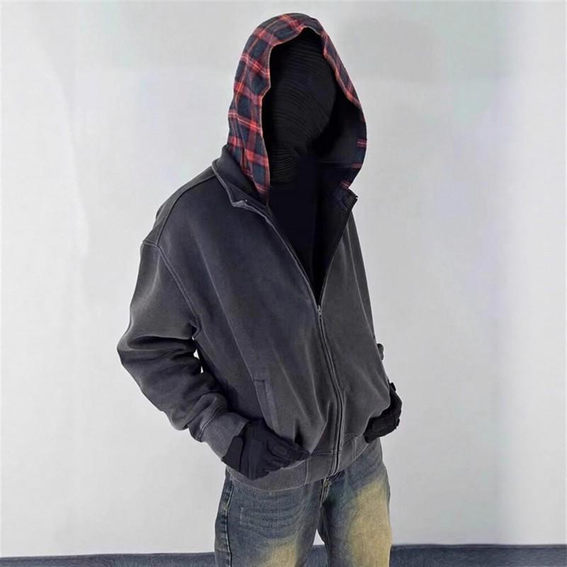 Unisex Streetwear Plaid Patchwork Hooded Zip-Up Sweatshirt Casual Oversized Fit