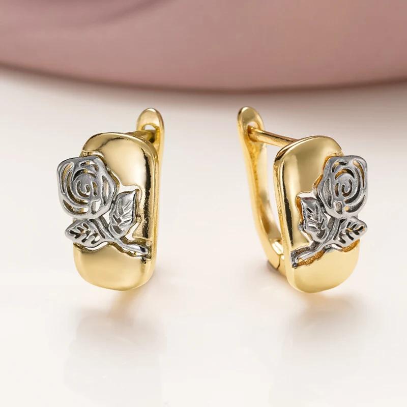 Two Tone Engraved Rose Flower Hoop Earrings for Women Luxury Wedding Fresh Party Elegant Metal Accessories Jewelry Gift