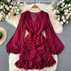 Women Chiffon Derss Spring Summer V Neck Ruffles Bodycon Dresses Ladies Slim Pleated Beach Party Irregular Hip Wrap Dress