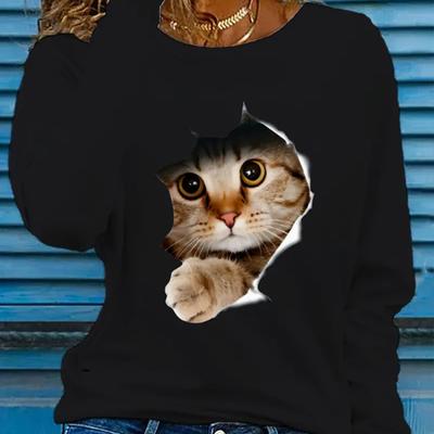 Топы для женщин, симпатичная футболка с круглым вырезом и длинным рукавом с принтом кошачьих когтей, осенний повседневный тонкий пуловер, женский топ с длинным рукавом