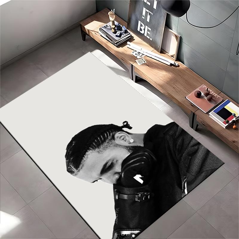 Area Rug, Drake Rapper B&W Braids Profile Nocta Jacket Minimalist Print, Man Cave Decor, Non-Slip Mat
