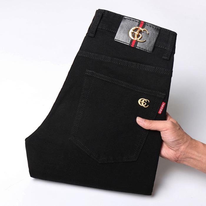 Весенние и осенние черные эластичные джинсы мужские облегающие маленькие прямые брюки качественные большие повседневные мужские брюки