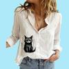Women Fashion Buttoned Long Sleeve Shirt Ladies Casual Thin Cotton Linen Top Stand-collar Cat Print Long Sleeve Blouse