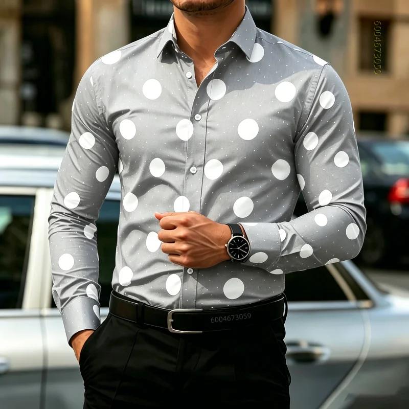 Мужская рубашка в горошек с длинным рукавом, приталенная, для стиля business casual, модный топ для активного отдыха
