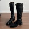Высокие каблуки до колена женские высокие сапоги модные квадратные носки массивные элегантные кожаные туфли 2024 трендовые офисные туфли для вечеринок зимние ботинки женские