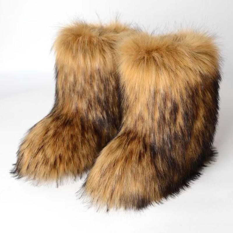2024 Winter Boots Fluffy Fur Snow Boots High Quality Furry Faux Fox Fur Mid-calf Boots Ladies Sexy Warm Cotton-padded Shoes