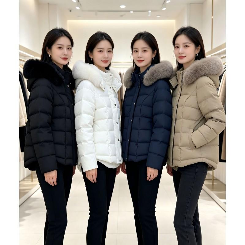 Womens Short Puffer Coat With Faux Fur Collar Hooded Warm Winter Jacket Slim Fit Plaid Stitching