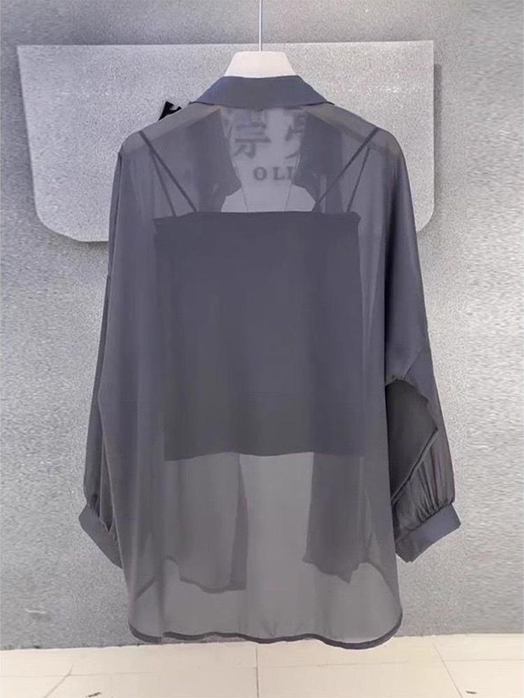 Французская Мода Перламутровая Пряжа Женский Летний Кардиган с Длинным Рукавом из Ледяного Шелка