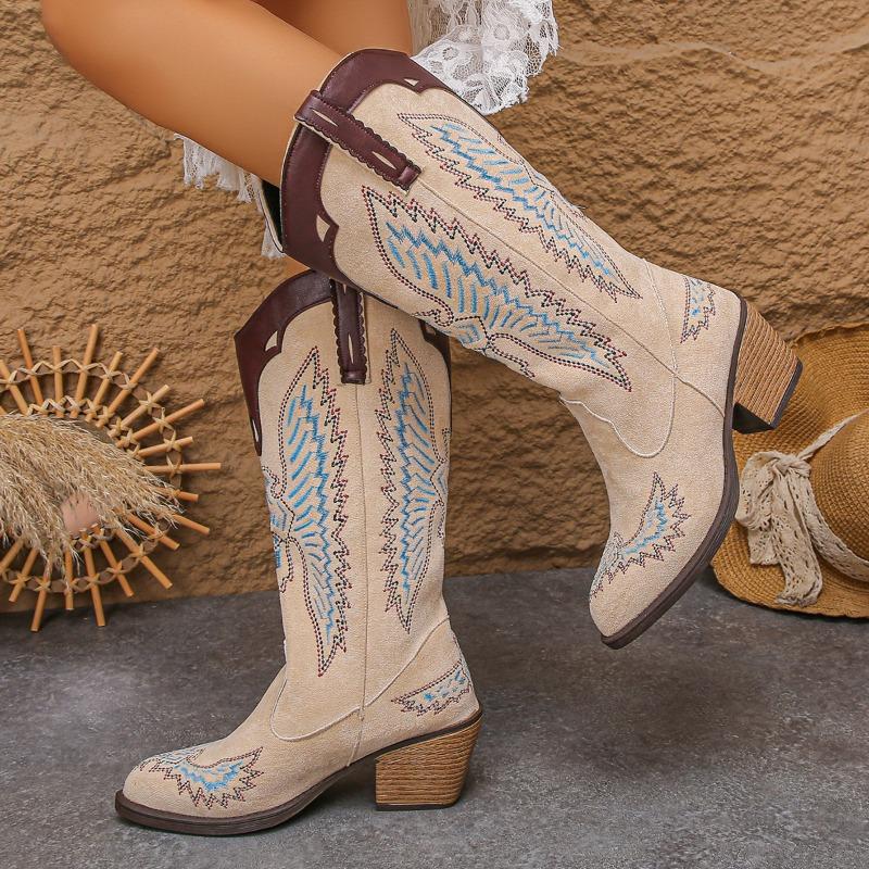Women's Wide Width Pointed Toe Cowboy Boots, Chunky Heel Knee High Western Boots, European Style Long Boots for Women