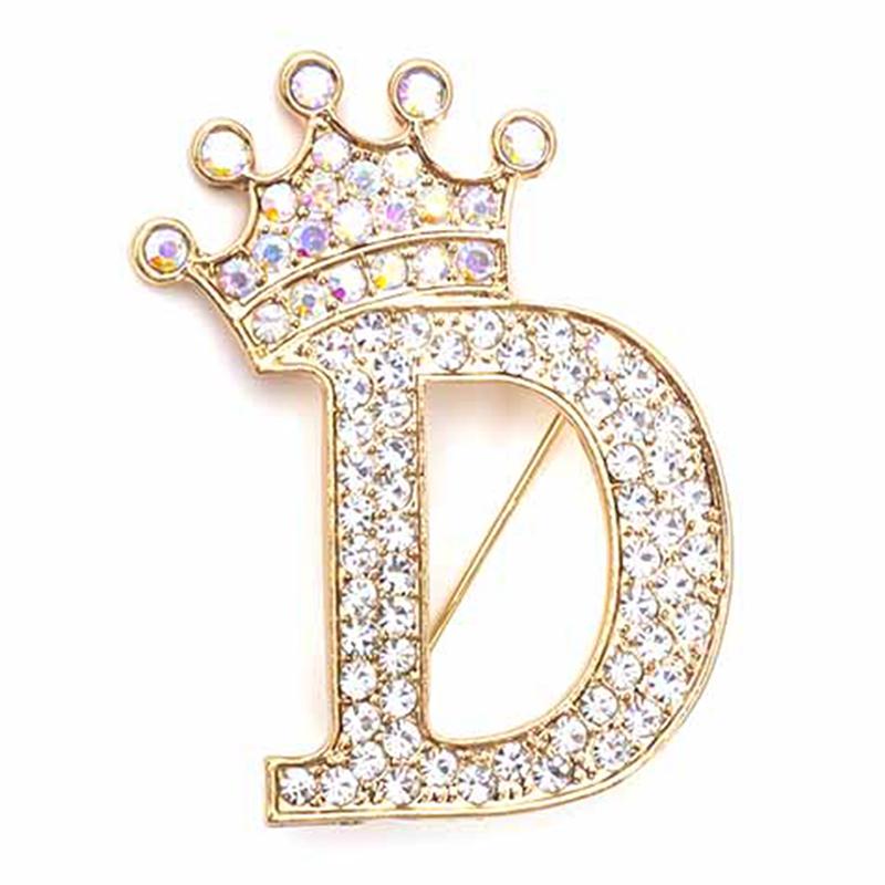 Fashion Crown 26 Initial Letters A To Z Crystal Rhinestone Brooch Pins Women